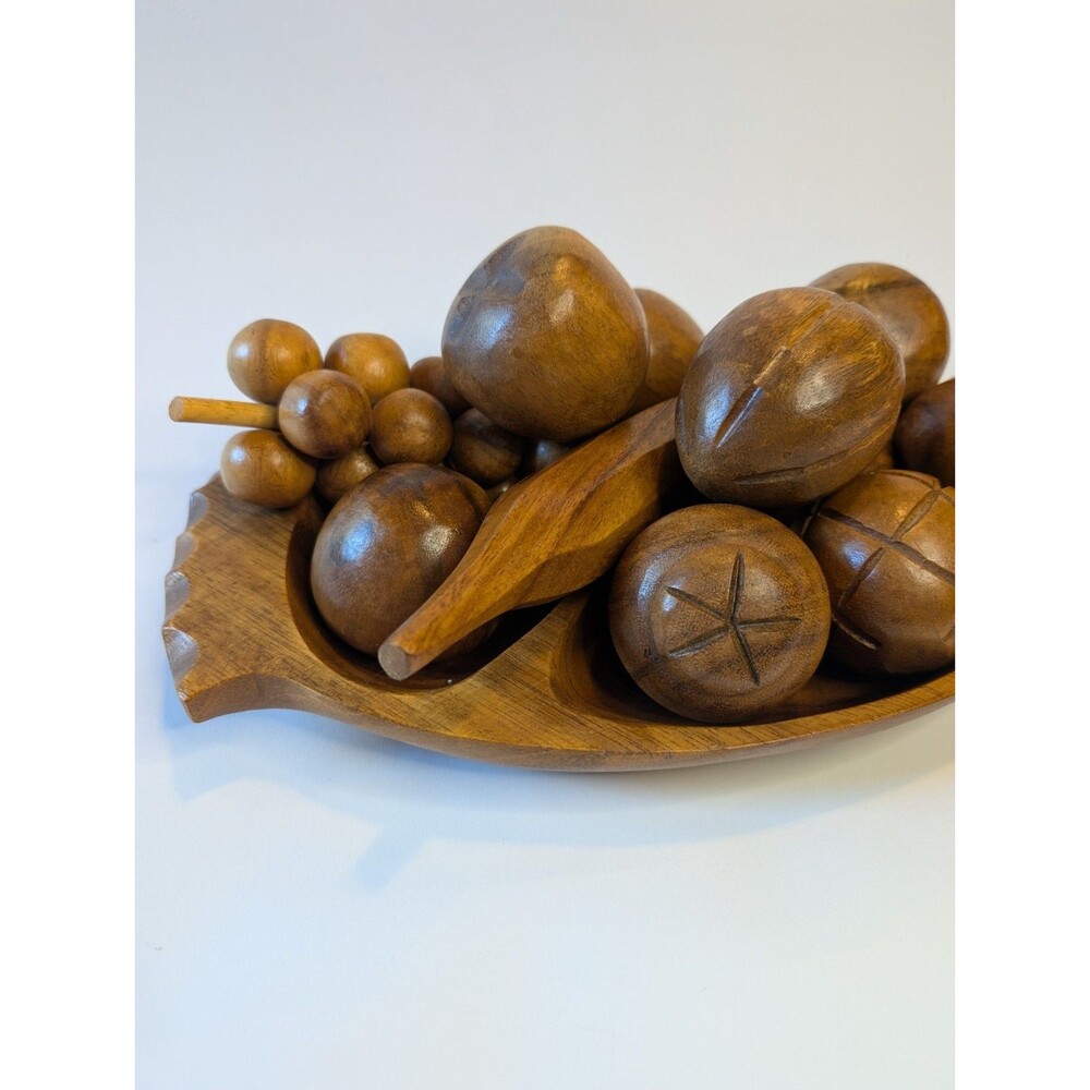 Vintage Retro MCM Carved Wooden Tray with Vegetables & Fruit 12 Piece Set